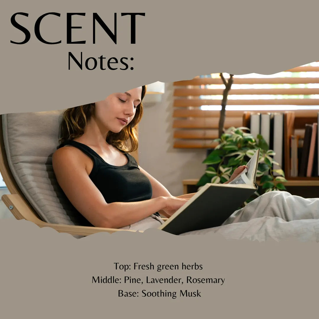 A promotional graphic for a fragrance scent profile titled 'SCENT Notes:' with a photo of a woman reading in a lounge chair in a softly lit room. Text lists scent notes: 'Top: Fresh green herbs, Middle: Pine, Lavender, Rosemary, Base: Soothing Musk'.
