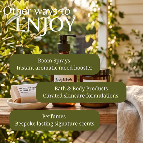 Promotional graphic for showing other ways to enjoy the scent - room sprays, bath and body products, and perfumes. The background shows bath and body products on a wooden board with green sunlit plants behind them.