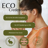 Promotional graphic for ECO Credentials featuring a woman in an orange top drinking from a glass, with text highlighting EU CLP & UK GHS compliance, low fragrance concentration, phthalate-free scent, cruelty-free, made in UK, and vegan claims.
