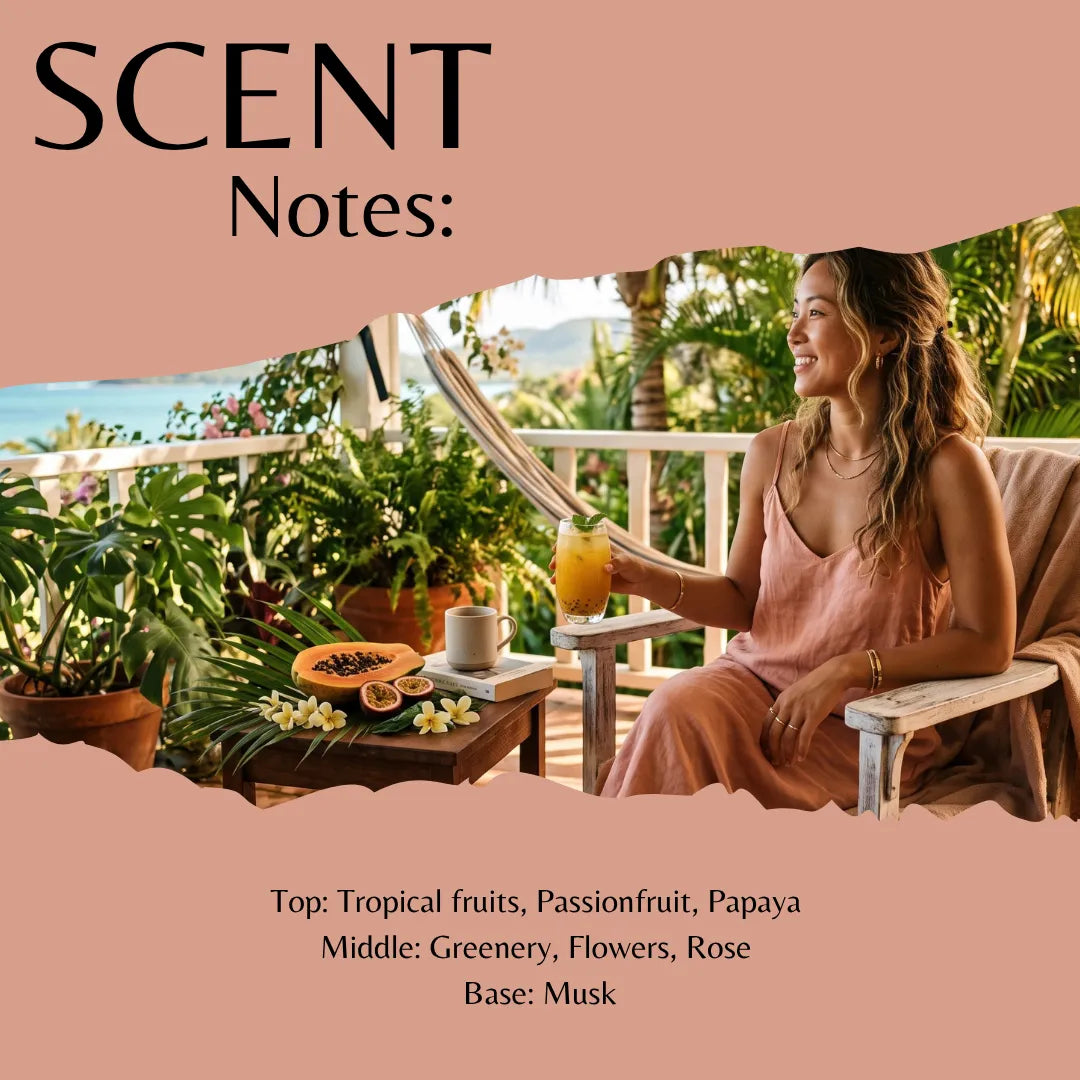 Scent note card for Passionfruit and Paw Paw fragrance oil. Notes are: top - tropical fruits, passionfruit and papaya. Mid - greenery, flowers and rose. Base - musk. The card shows a lady sitting in a chair on a tropical veranda.