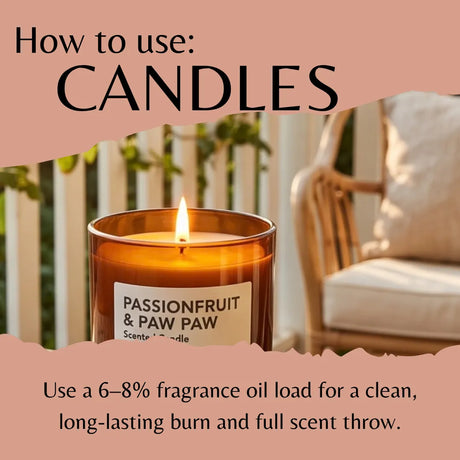 Instructional graphic titled 'How to use: CANDLES' showing a lit amber glass candle jar labeled 'PASSIONFRUIT & PAW PAW' with text below about fragrance oil load, set against a warm beige background with torn-paper design elements.