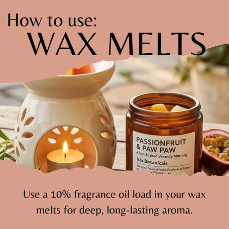 Instructional graphic titled 'How to use: WAX MELTS' showing a lit white wax warmer with a candle inside and an amber glass jar labeled 'PASSIONFRUIT & PAW PAW' beside it, with text explaining fragrance oil loading for wax melts.