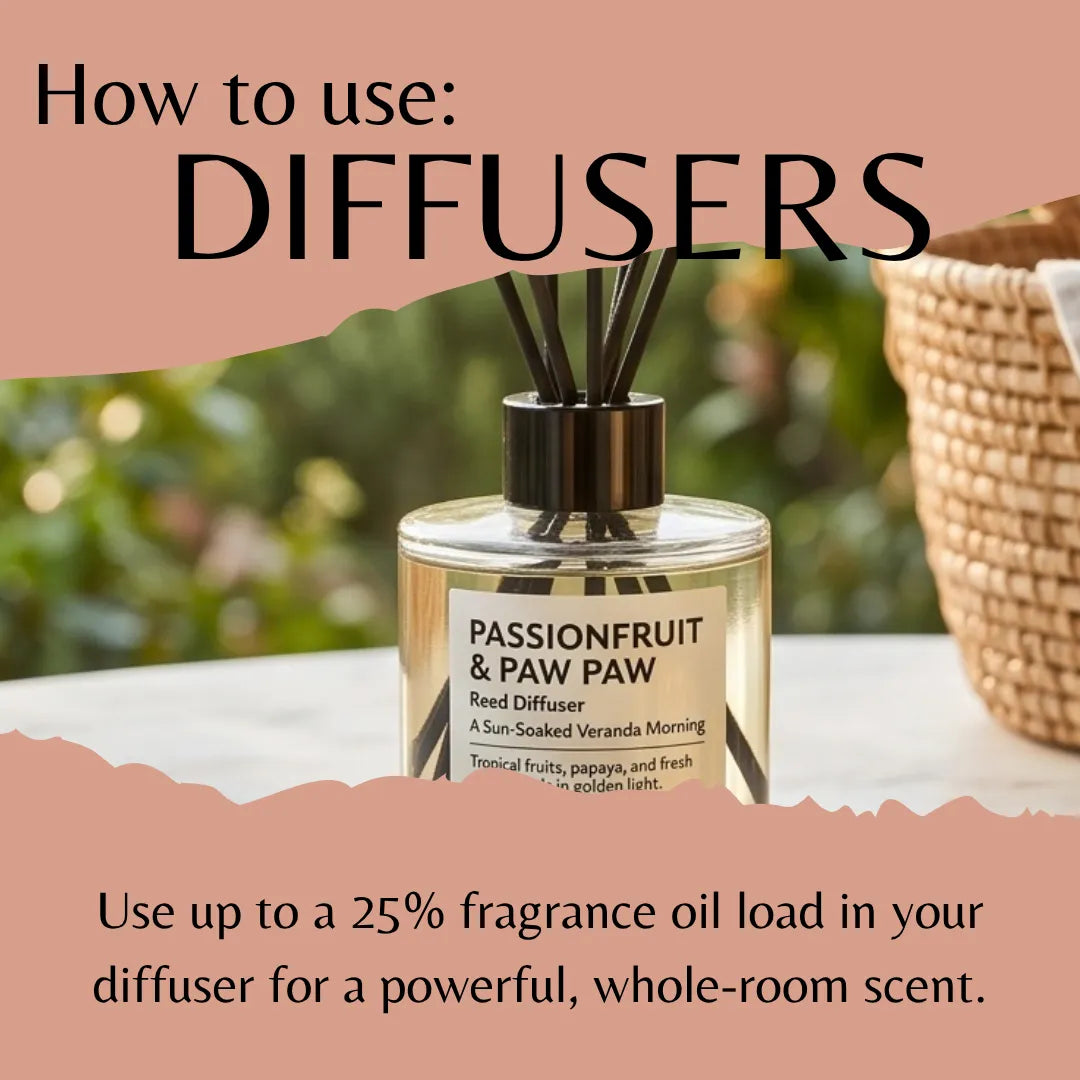 A product infographic showing a reed diffuser bottle labeled 'PASSIONFRUIT & PAW PAW' with text overlays explaining how to use diffusers. The diffuser is set against a blurred outdoor background with a woven basket on the right.