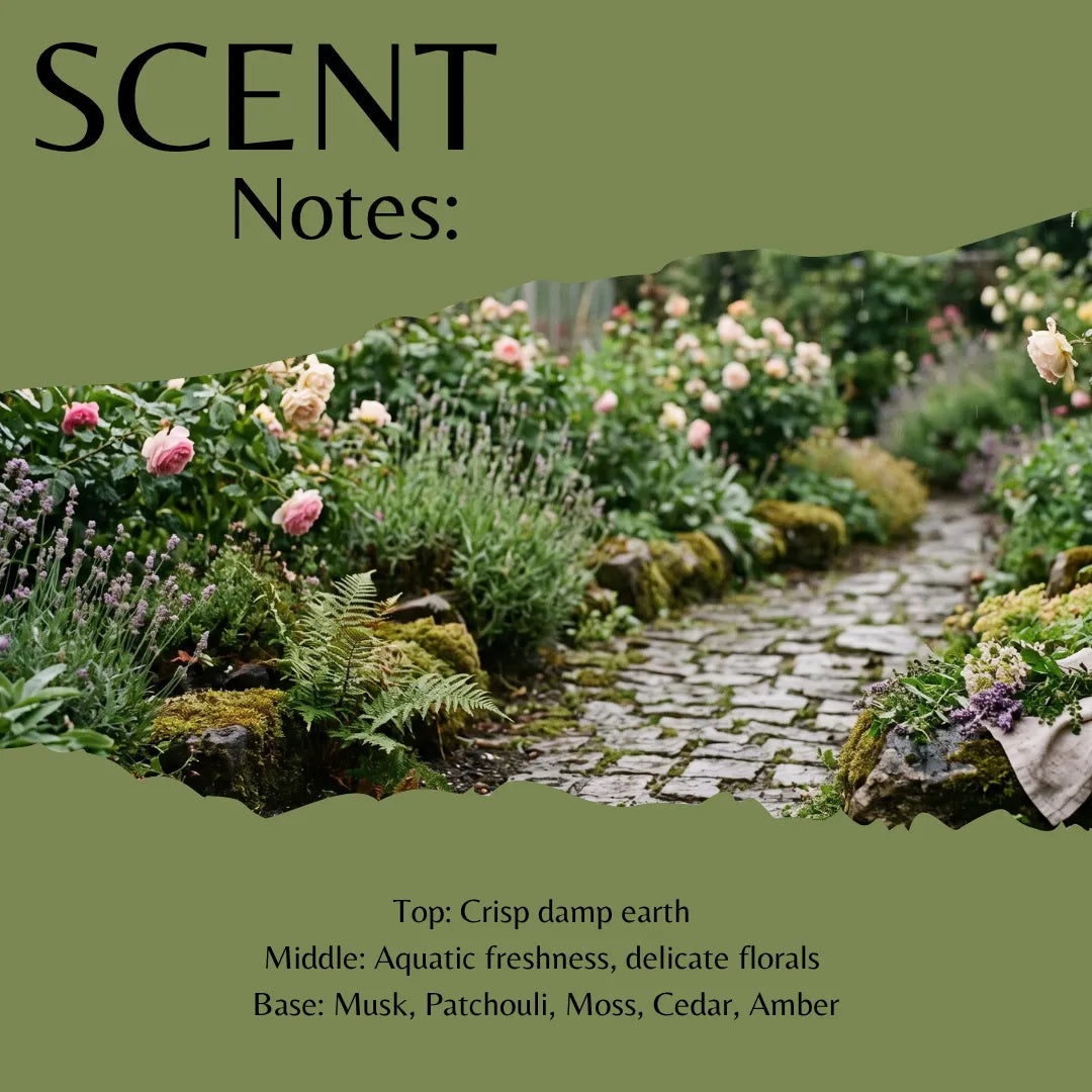 Scent Notes graphic featuring a torn-paper reveal of a garden pathway with flowers and mossy rocks, with olive green text panels reading 'SCENT Notes:' and fragrance notes for top, middle, and base.