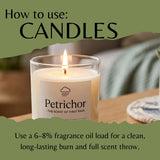 A lit glass candle labeled 'Petrichor - The Scent of First Rain' sits on a wooden surface in a cozy indoor setting. Large olive-green text overlays read 'How to use: CANDLES' and provide fragrance oil load instructions.