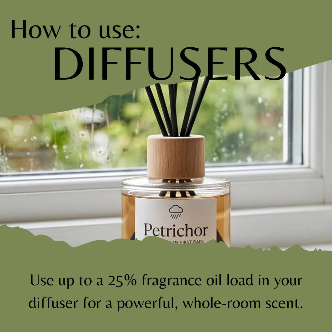 A reed diffuser bottle labeled 'Petrichor' sits on a windowsill with green outdoor scenery visible behind it. Large text at the top reads 'How to use: DIFFUSERS,' and text at the bottom says 'Use up to a 25% fragrance oil load in your diffuser for a powerful, whole-room scent.