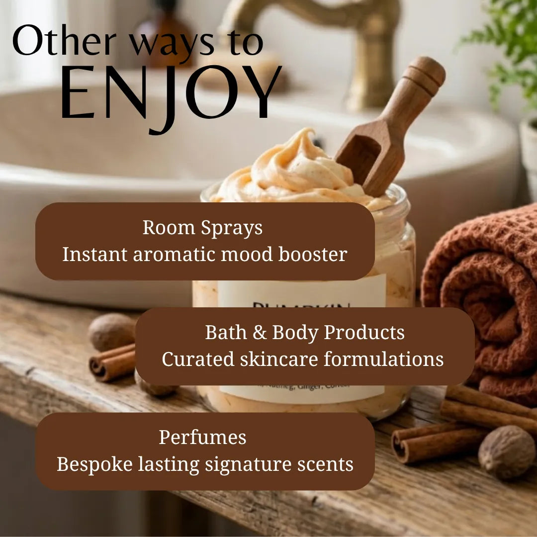 A styled promotional graphic showing a jar of whipped cream or lotion on a wooden surface with cinnamon sticks, a rolled towel, and a sink in the background. Large text reads 'Other ways to ENJOY' with three brown callout boxes listing: Room Sprays, Bath & Body Products, and Perfumes.