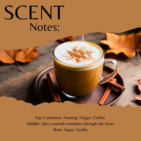 Scent profile graphic for a coffee aroma, showing a frothy latte in a glass mug with cinnamon sticks and autumn leaves on a rustic table. Text reads 'SCENT Notes:' and lists top, middle, and base notes including cinnamon, nutmeg, ginger, coffee, spice warmth, sugar, and vanilla.