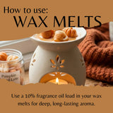 A ceramic wax warmer with a lit candle inside, shown with wax melts in a small jar and on top of the warmer. Large text reads 'How to use: WAX MELTS' and smaller text says to use a 10% fragrance oil load for deep, long-lasting aroma.