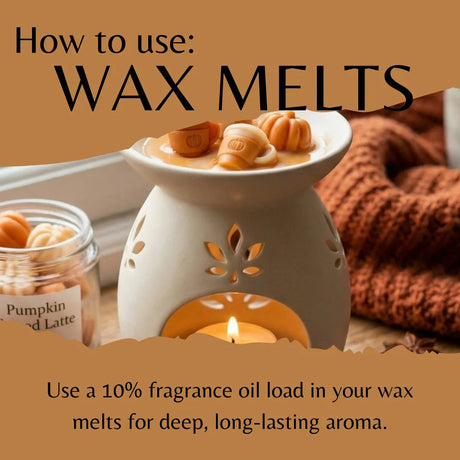 A ceramic wax warmer with a lit candle inside, shown with wax melts in a small jar and on top of the warmer. Large text reads 'How to use: WAX MELTS' and smaller text says to use a 10% fragrance oil load for deep, long-lasting aroma.