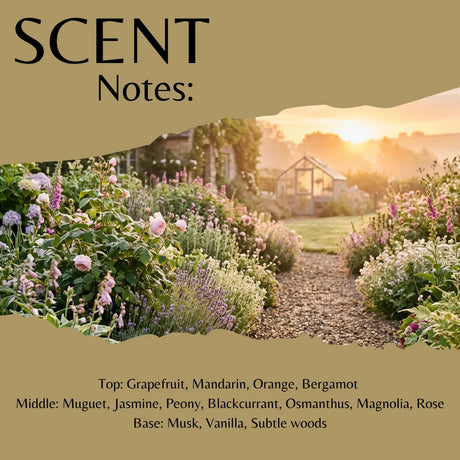 Scent Notes graphic showing a garden path at sunrise with flowers on both sides and text listing fragrance notes: Grapefruit, Mandarin, Orange, Bergamot, Muguet, Jasmine, Peony, Blackcurrant, Osmanthus, Magnolia, Rose, Musk, Vanilla, and Subtle woods.
