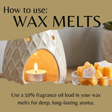 An instructional graphic titled 'How to use: WAX MELTS' shows a white textured ceramic wax warmer with a lit tealight candle inside, alongside a small glass bowl of yellow star-shaped wax melts. Text explains using fragrance oil loads for deep aroma.