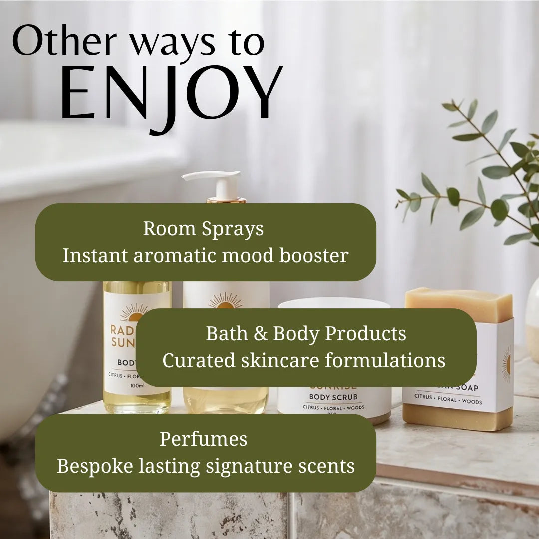 Promotional graphic for Rad Sun body and room products, showing a pump bottle, a jar of body scrub, and a bar of soap on a stone surface with text overlays reading 'Other ways to ENJOY' and descriptions for room sprays, bath & body products, and perfumes.