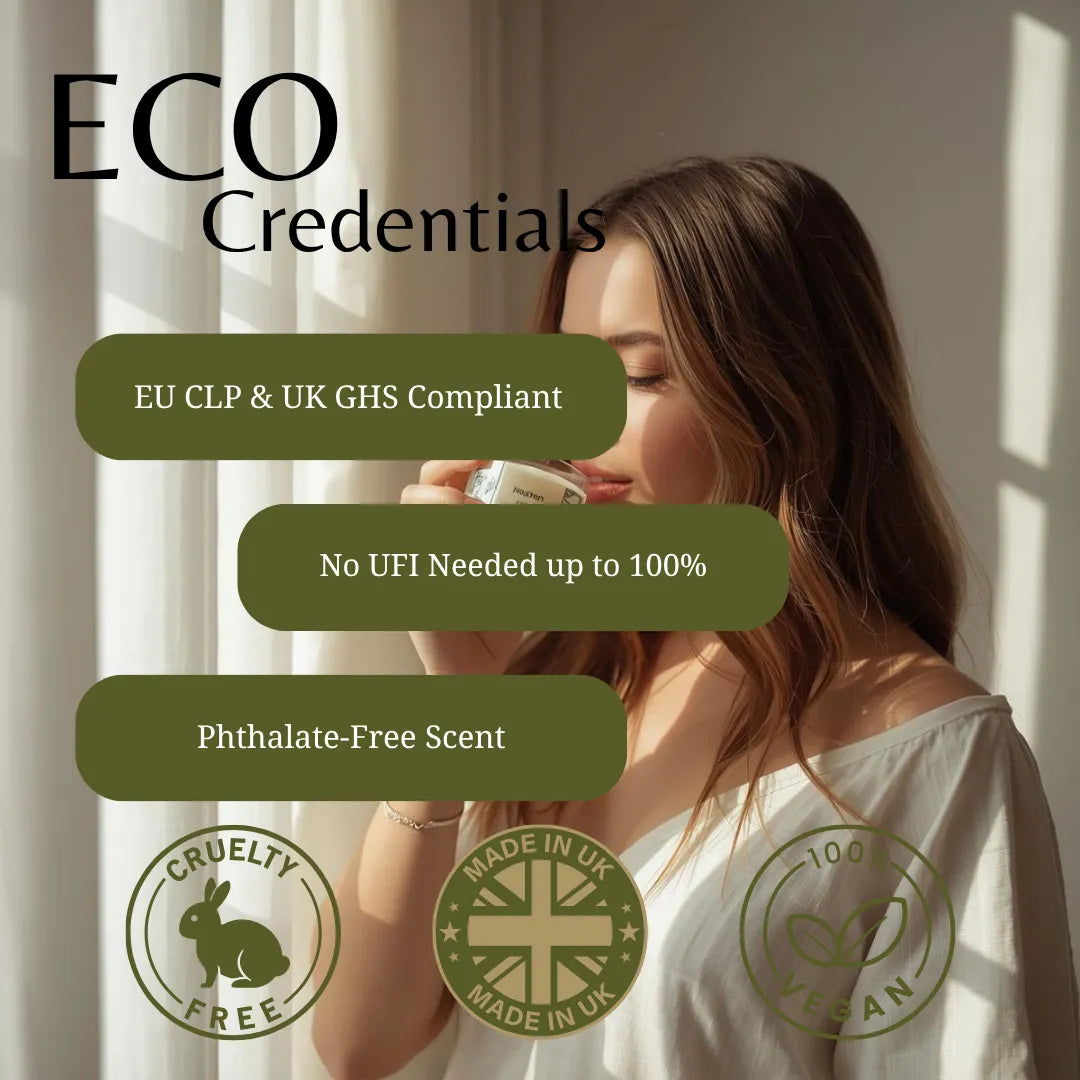 A woman in a white top drinks from a small cup in a sunlit room, with large text reading 'ECO Credentials' and feature callouts including 'EU CLP & UK GHS Compliant', 'No UFI Needed up to 100%', 'Phthalate-Free Scent', 'Cruelty Free', 'Made in UK', and '100% Vegan'.