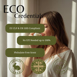 A woman in a white top drinks from a small cup in a sunlit room, with large text reading 'ECO Credentials' and feature callouts including 'EU CLP & UK GHS Compliant', 'No UFI Needed up to 100%', 'Phthalate-Free Scent', 'Cruelty Free', 'Made in UK', and '100% Vegan'.