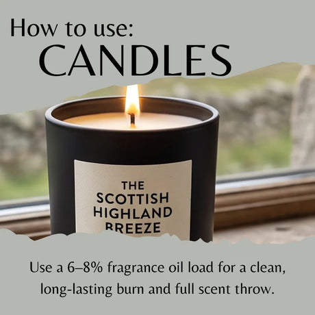 A lit black candle jar labeled 'THE SCOTTISH HIGHLAND BREEZE' with large text reading 'How to use: CANDLES' and smaller usage instructions below, set against a soft blurred window background.