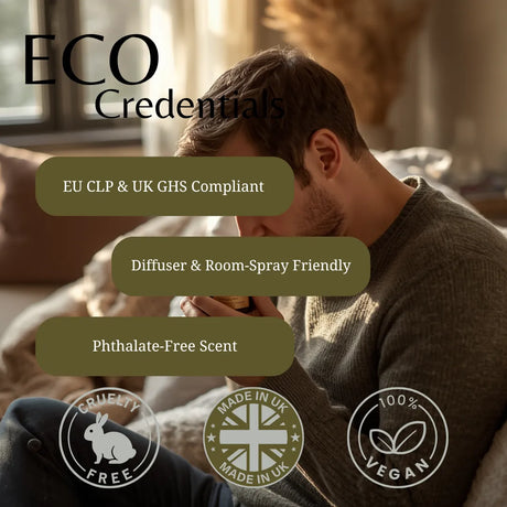 A man in a cozy room with overlaid text reading 'ECO Credentials' and feature badges including 'EU CLP & UK GHS Compliant', 'Diffuser & Room-Spray Friendly', 'Phthalate-Free Scent', 'Cruelty Free', 'Made in UK', and '100% Vegan'.