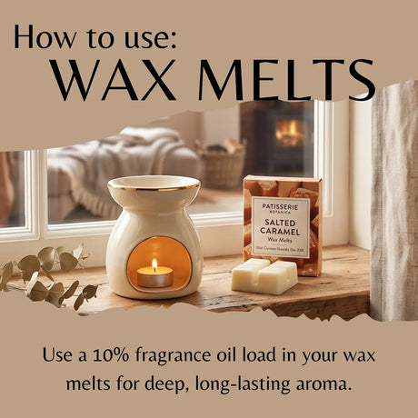 A styled product graphic showing a wax melt package labeled 'Patisserie Royale Salted Caramel' beside a white ceramic oil lamp with a candle inside and two wax melts, set on a windowsill in a cozy interior. Large text reads 'How to use: WAX MELTS' with smaller usage instructions below.