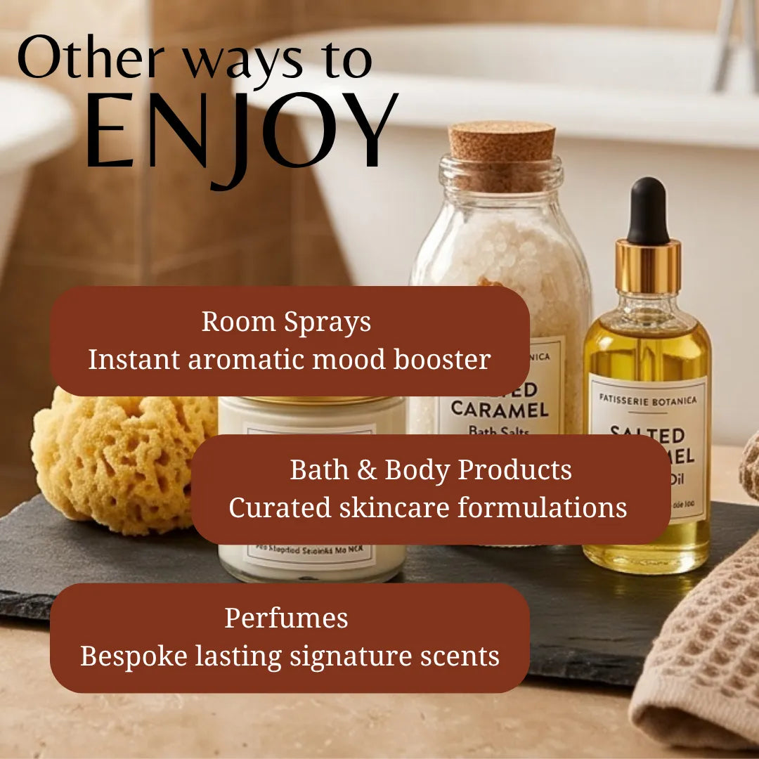 A promotional graphic for home fragrance and skincare products, featuring a room spray bottle, a bath & body product, a salted caramel oil bottle, a sponge, and a towel on a tray, with text overlays reading 'Other ways to ENJOY' and product callouts.