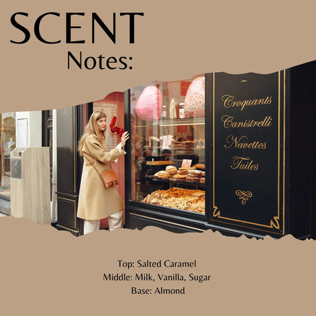Scent Notes: album cover art featuring a woman in a beige coat standing in front of a bakery window with pastries displayed inside. The top and bottom sections are solid tan with the text 'SCENT Notes:' at the top and scent profile notes at the bottom.