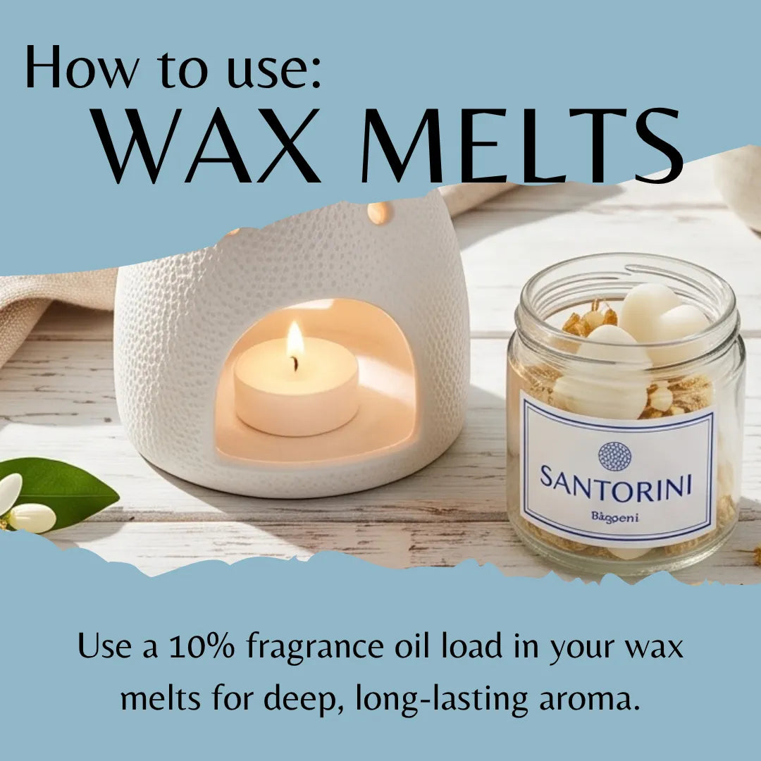 Instructional graphic titled 'How to use: WAX MELTS' showing a white textured candle warmer with a lit tealight and a clear jar labeled SANTORINI BLOOMI on a light wood surface, with text explaining fragrance oil loading.