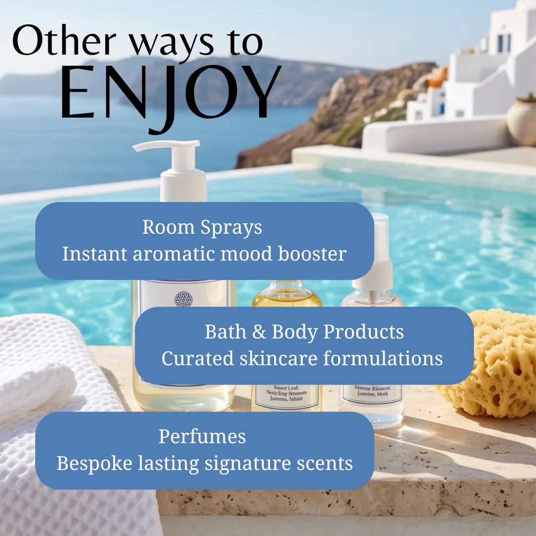 A promotional graphic for a spa or wellness product collection, showing several clear bottles with pump and cap dispensers arranged on a stone ledge beside a swimming pool. Large text reads 'Other ways to ENJOY' with callout boxes mentioning 'Room Sprays,' 'Bath & Body Products,' and 'Perfumes.