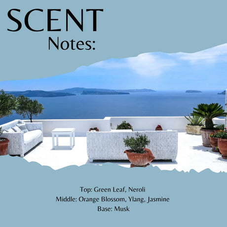 Scent Notes graphic featuring a coastal terrace scene with white outdoor furniture, potted plants, and a blue sea and island background. Large text reads 'SCENT Notes:' at top, and the middle and bottom text list fragrance notes: 'Top: Green Leaf, Neroli', 'Middle: Orange Blossom, Ylang, Jasmine', and 'Base: Musk'.