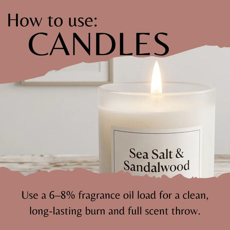 A lit white candle jar labeled 'Sea Salt & Sandalwood' with overlaid text reading 'How to use: Candles' and usage instructions about fragrance oil load.