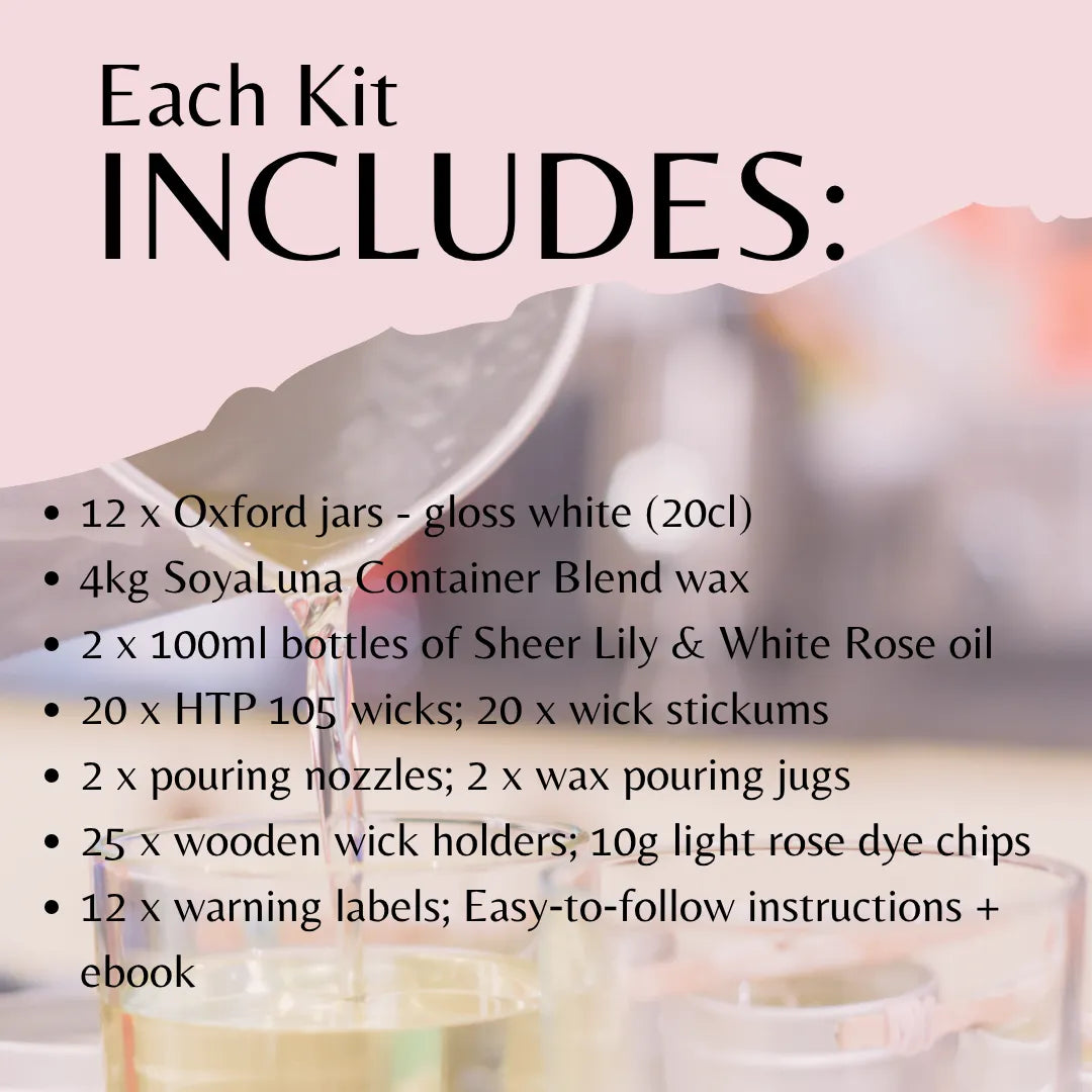 A product information graphic detailing the contents of a wax melting kit, titled 'Each Kit INCLUDES:'. The background is a soft-focus image of a glass vessel pouring wax, with a light pink top section containing black text listing items such as 12 Oxford jars, 4kg SoyaLuna wax, 2 bottles of oil, wicks, pouring nozzles, wooden holders, and labels.