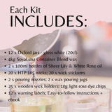 A product information graphic detailing the contents of a wax melting kit, titled 'Each Kit INCLUDES:'. The background is a soft-focus image of a glass vessel pouring wax, with a light pink top section containing black text listing items such as 12 Oxford jars, 4kg SoyaLuna wax, 2 bottles of oil, wicks, pouring nozzles, wooden holders, and labels.