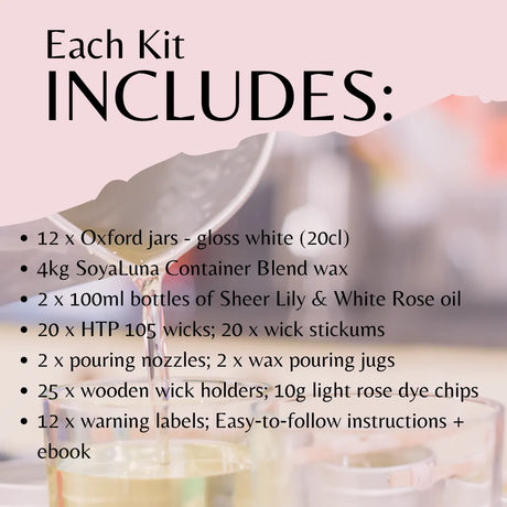 A product information graphic detailing the contents of a wax melting kit, titled 'Each Kit INCLUDES:'. The background is a soft-focus image of a glass vessel pouring wax, with a light pink top section containing black text listing items such as 12 Oxford jars, 4kg SoyaLuna wax, 2 bottles of oil, wicks, pouring nozzles, wooden holders, and labels.