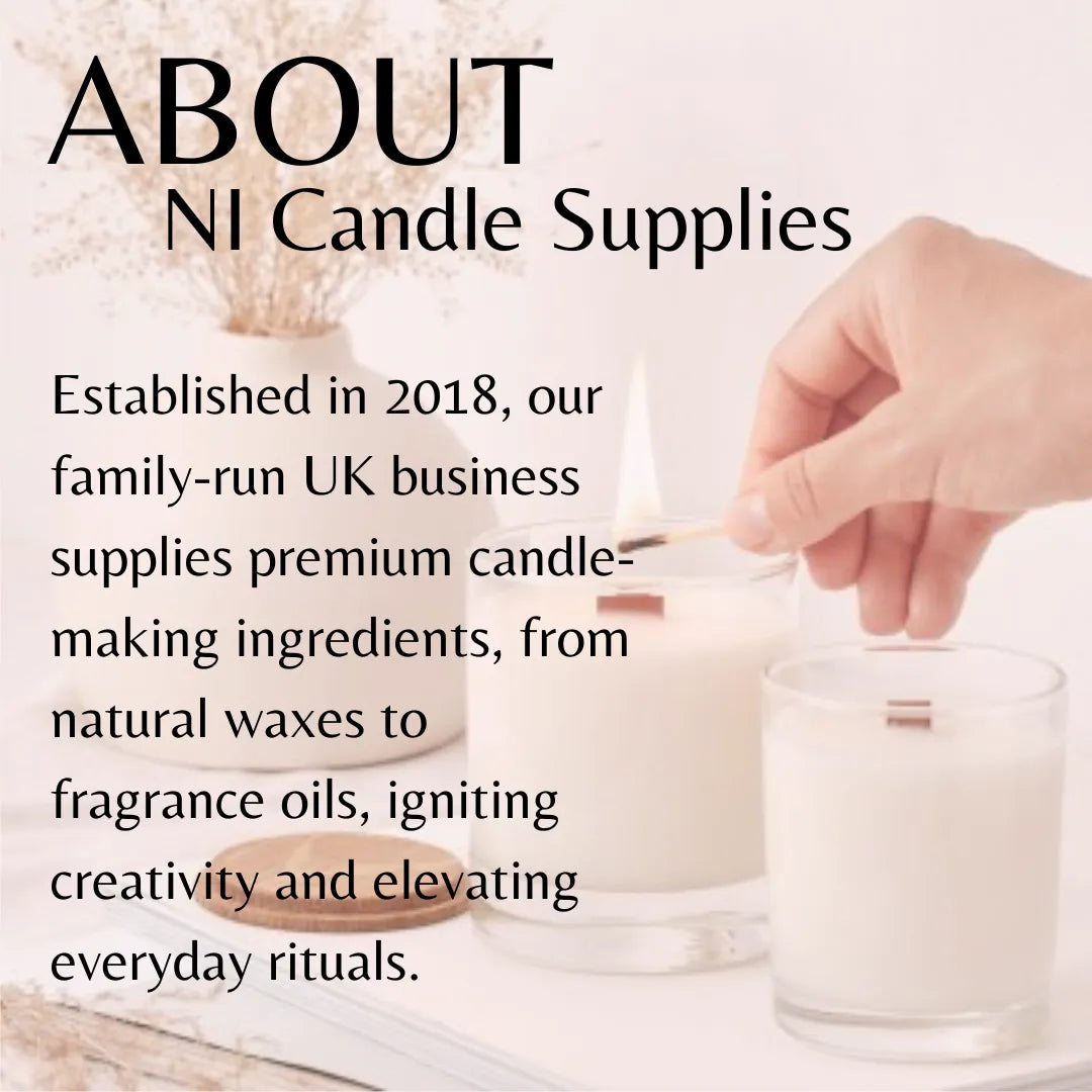 Promotional graphic for NI Candle Supplies featuring a hand lighting a white candle in a glass jar, with text reading 'ABOUT NI Candle Supplies' and company history on a soft white background.