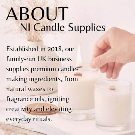 Promotional graphic for NI Candle Supplies featuring a hand lighting a white candle in a glass jar, with text reading 'ABOUT NI Candle Supplies' and company history on a soft white background.