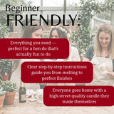 Promotional graphic for a beginner-friendly candle-making class or kit, featuring three women in a greenhouse setting with text overlays highlighting key selling points: everything needed for a fun hen do, clear step-by-step instructions, and a high-quality candle everyone makes together.