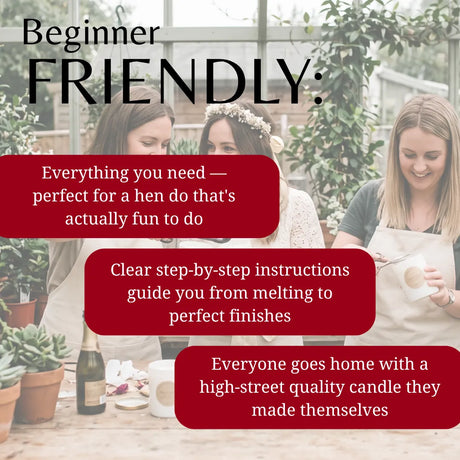 Promotional graphic for a beginner-friendly candle-making class or kit, featuring three women in a greenhouse setting with text overlays highlighting key selling points: everything needed for a fun hen do, clear step-by-step instructions, and a high-quality candle everyone makes together.