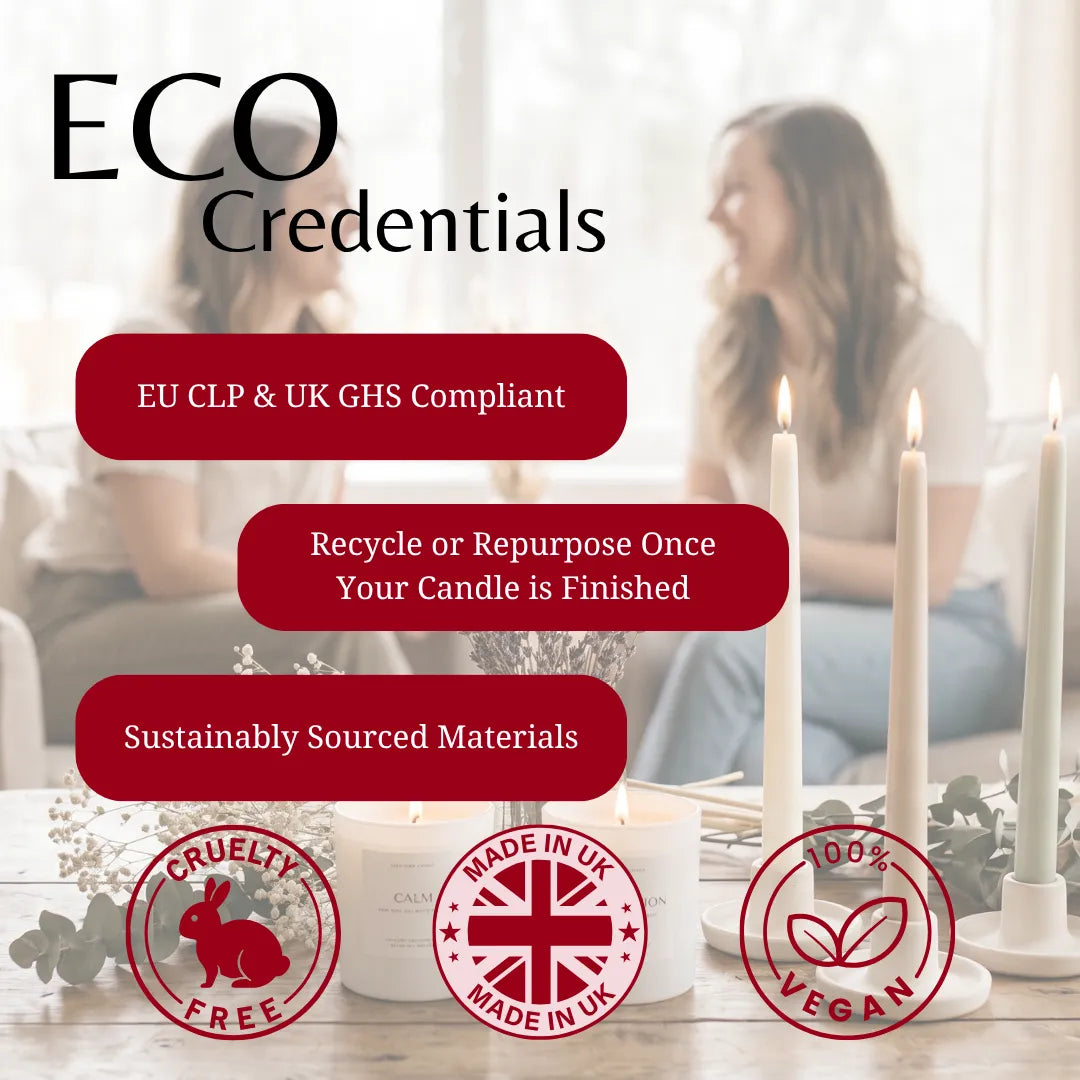 Promotional graphic for 'ECO Credentials' featuring three lit white taper candles on a tabletop in the foreground, with a softly blurred woman in a bright room in the background. Large text highlights compliance and sustainability claims, with red circular badges at the bottom reading Cruelty Free, Made in UK, and 100% Vegan.