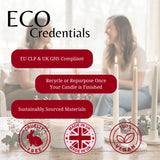 Promotional graphic for 'ECO Credentials' featuring three lit white taper candles on a tabletop in the foreground, with a softly blurred woman in a bright room in the background. Large text highlights compliance and sustainability claims, with red circular badges at the bottom reading Cruelty Free, Made in UK, and 100% Vegan.