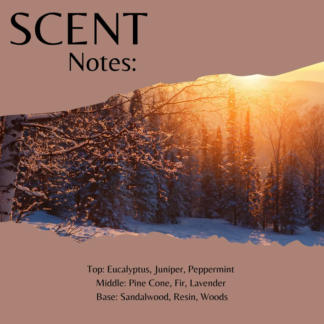 Scent Notes: cover graphic featuring a snowy winter forest at sunset with text listing fragrance notes: Eucalyptus, Juniper, Peppermint (top), Pine Cone, Fir, Lavender (middle), and Sandalwood, Resin, Woods (base).