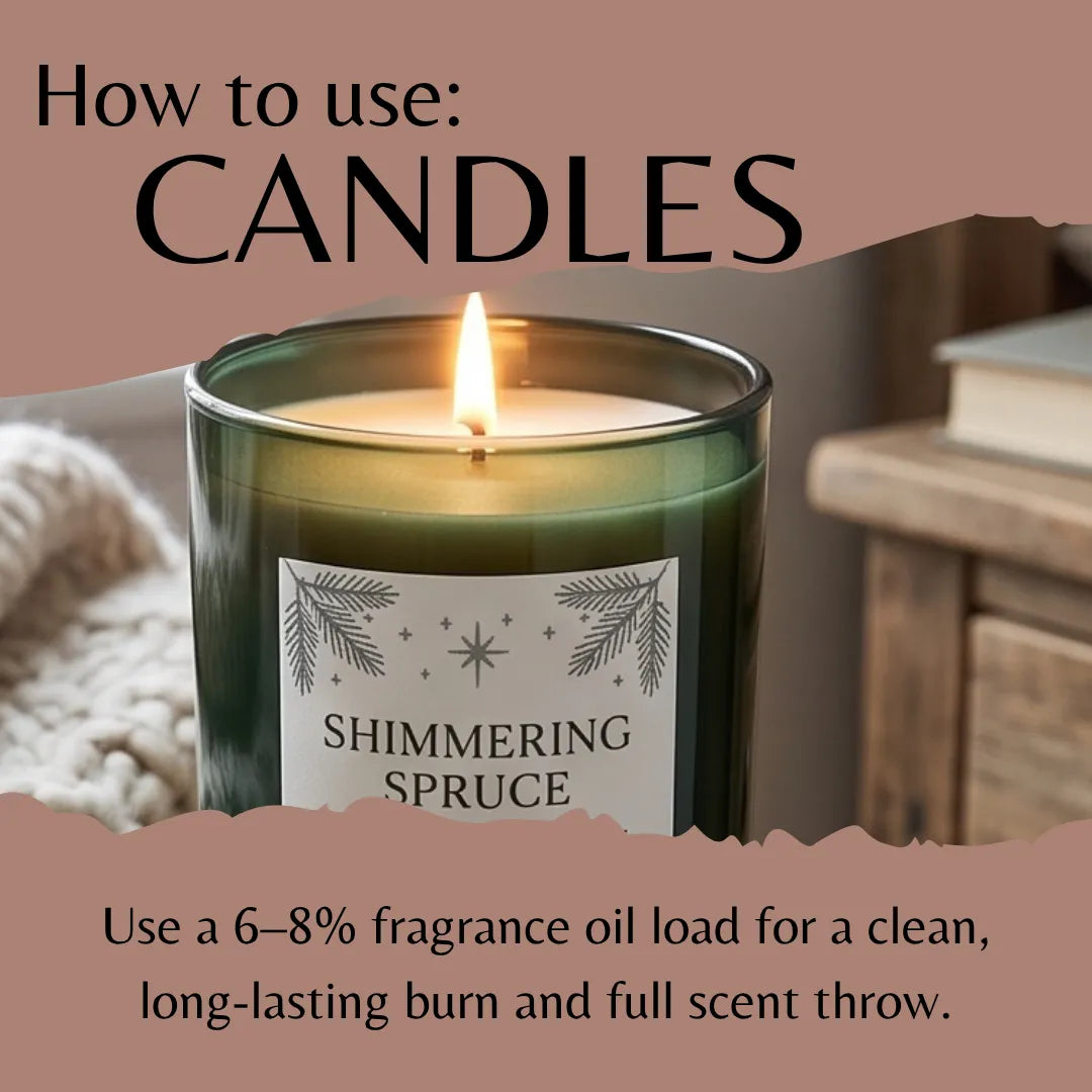 A lit candle in a dark green glass jar with a white label reading 'SHIMMERING SPRUCE' is shown with overlaid text that says 'How to use: Candles' and additional usage information. The scene is styled indoors with a cozy blanket and wooden furniture in the background.