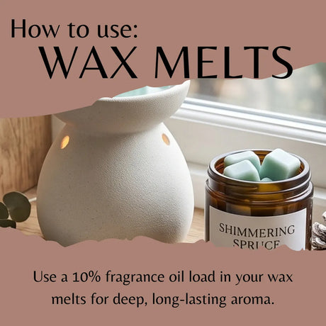 Instructional graphic titled 'How to use: WAX MELTS' showing a white ceramic diffuser and an amber glass jar labeled 'SHIMMERING SPRUCE' with wax melts inside, plus text explaining fragrance oil loading.