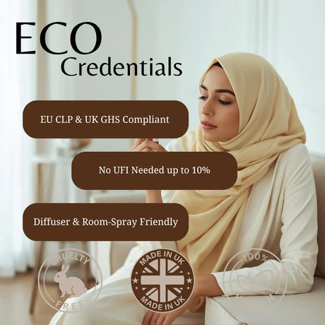 A woman wearing a beige hijab sits indoors with promotional text overlays reading 'ECO Credentials' and feature callouts about EU CLP & UK GHS compliance, low fragrance concentration, and diffuser compatibility. The image includes small certification-style icons for cruelty free, made in UK, and 100% natural.