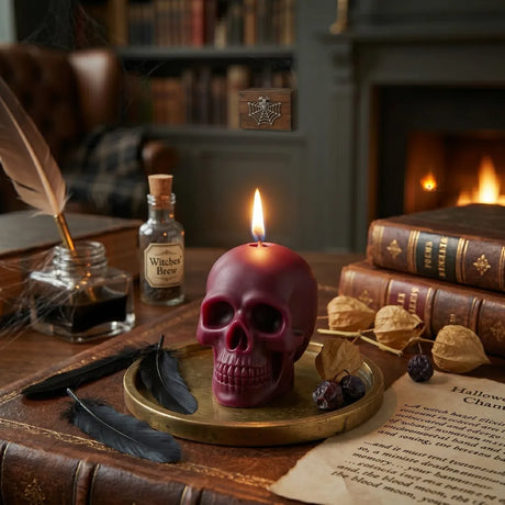 Skull-shaped candle on a wooden table with books, feathers, and a bottle labeled 'Witches' Brew'.