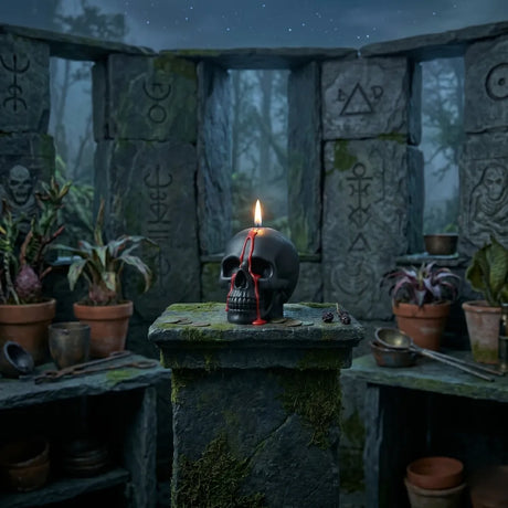Skull with a candle and red liquid in a mystical setting with stone walls and plants.