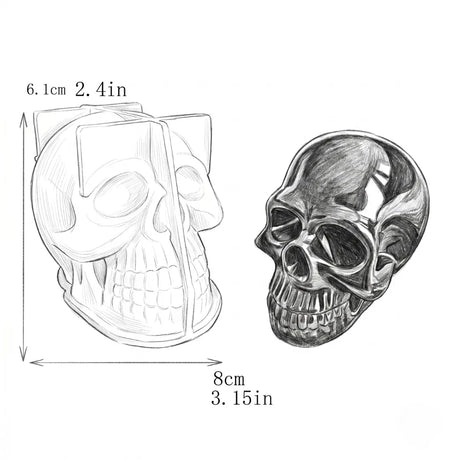 Skull-shaped candle with measurements on a white background