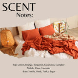 A styled bed scene with rust-orange pillows and rumpled orange bedding on white sheets, under a beige graphic layout with the text 'SCENT Notes:' and fragrance notes listed at the bottom.