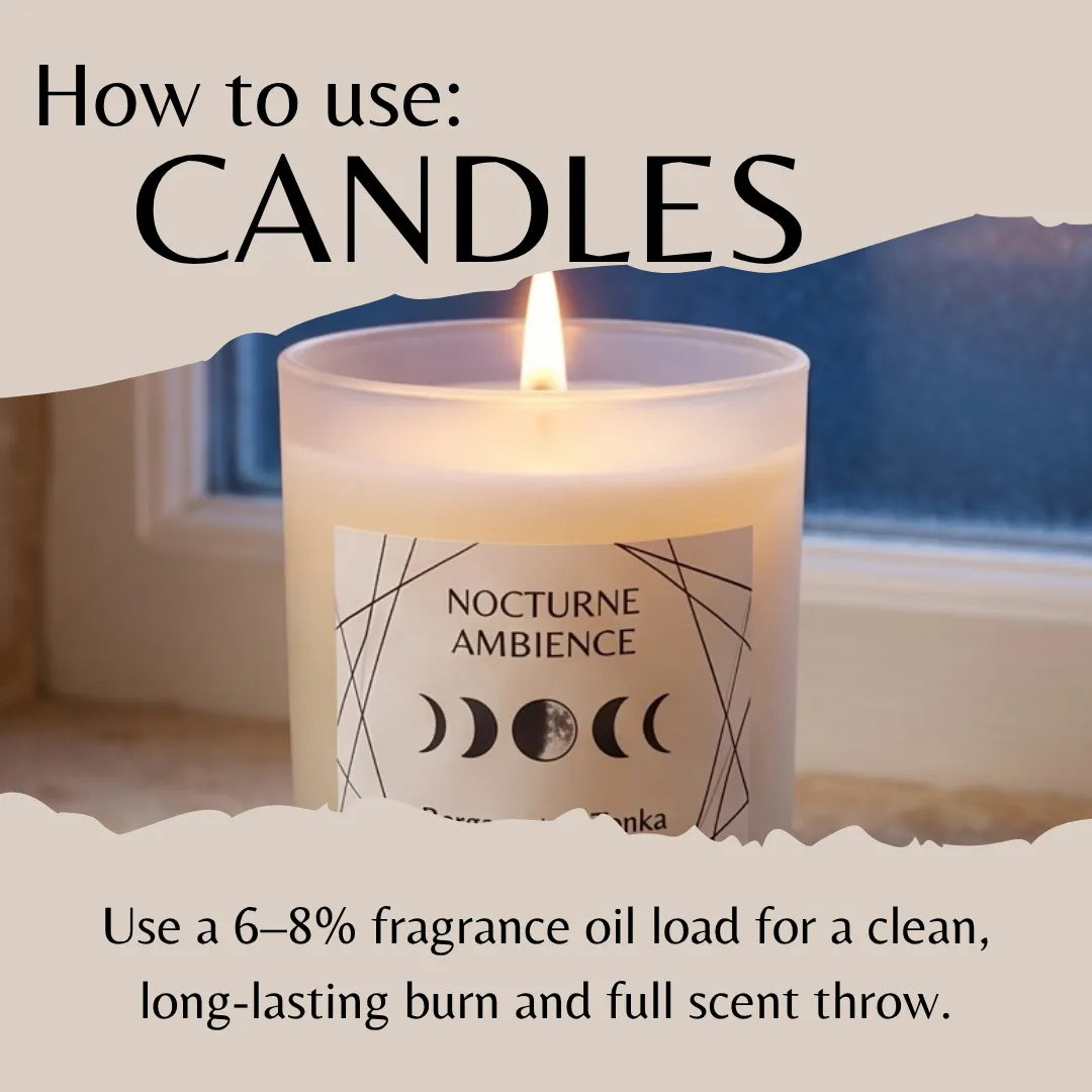 A lit candle in a frosted glass jar with a label reading 'NOCTURNE AMBIENCE' and moon-phase graphics, shown under a torn-paper style graphic with the text 'How to use: CANDLES' and usage instructions below.
