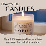 A lit candle in a frosted glass jar with a label reading 'NOCTURNE AMBIENCE' and moon-phase graphics, shown under a torn-paper style graphic with the text 'How to use: CANDLES' and usage instructions below.
