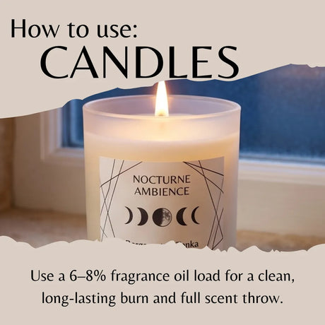 A lit candle in a frosted glass jar with a label reading 'NOCTURNE AMBIENCE' and moon-phase graphics, shown under a torn-paper style graphic with the text 'How to use: CANDLES' and usage instructions below.