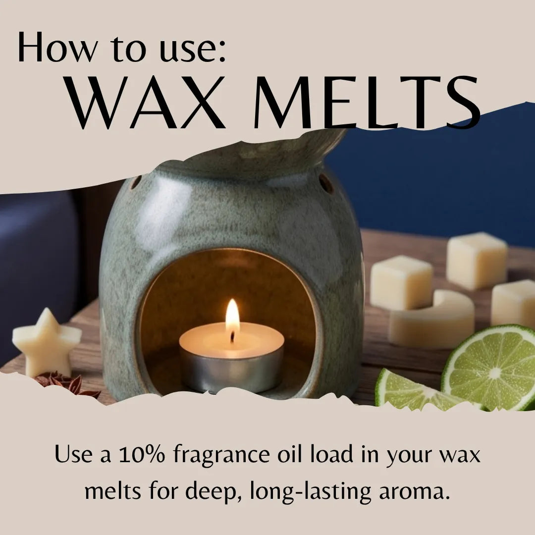 Instructional graphic titled 'How to use: WAX MELTS' showing a ceramic wax warmer with a lit tealight candle, plus wax cubes and lime slices on a tabletop, with text explaining fragrance oil loading for deep aroma.