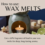 Instructional graphic titled 'How to use: WAX MELTS' showing a ceramic wax warmer with a lit tealight candle, plus wax cubes and lime slices on a tabletop, with text explaining fragrance oil loading for deep aroma.